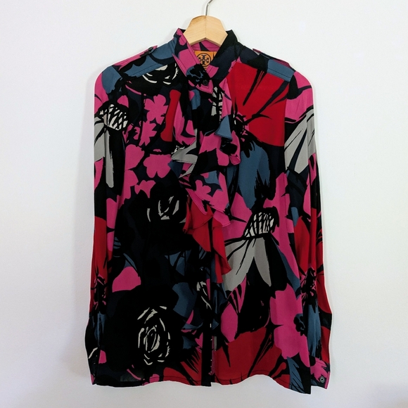 Tory Burch Blouse Womens Size 4 Bold Floral Print 100% Silk Ruffle Front Artsy - Picture 1 of 1